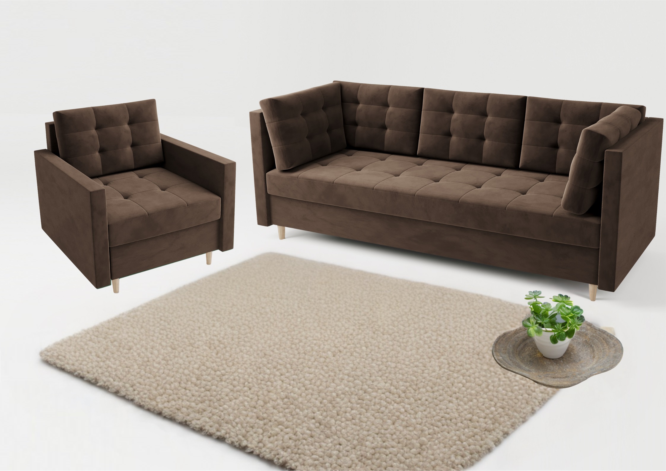 Pikowana sofa w stylu skandynawskim z funkcją spania w kolorze brązowym